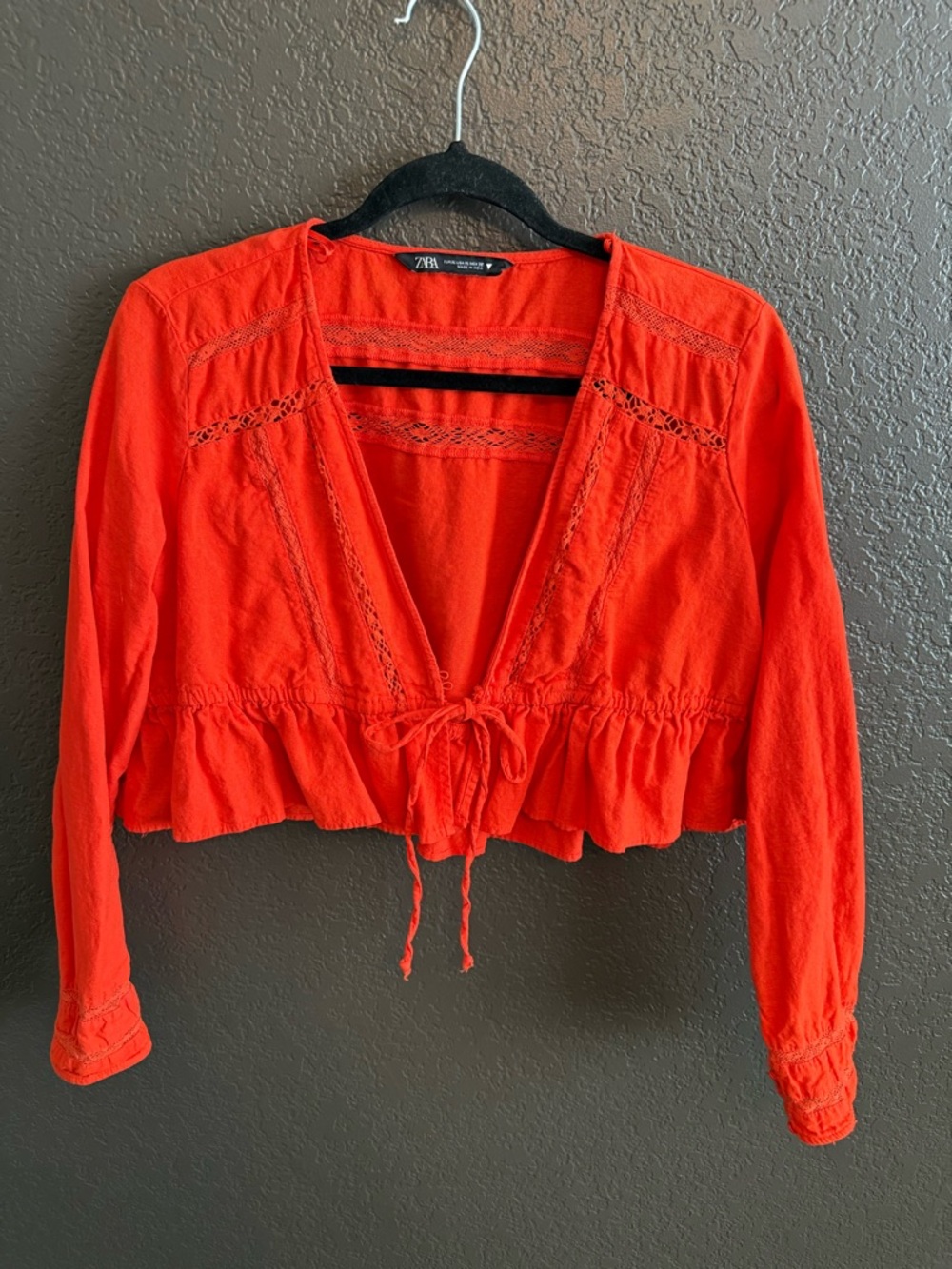 Zara Orange Tie-Front Cropped Peasant Blouse